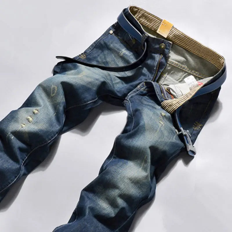 Men's Autumn Winter Thermal Warm Flannel Stretch Jeans Quality Famous Fleece Pants Men Straight Flocking Trousers Jean Male