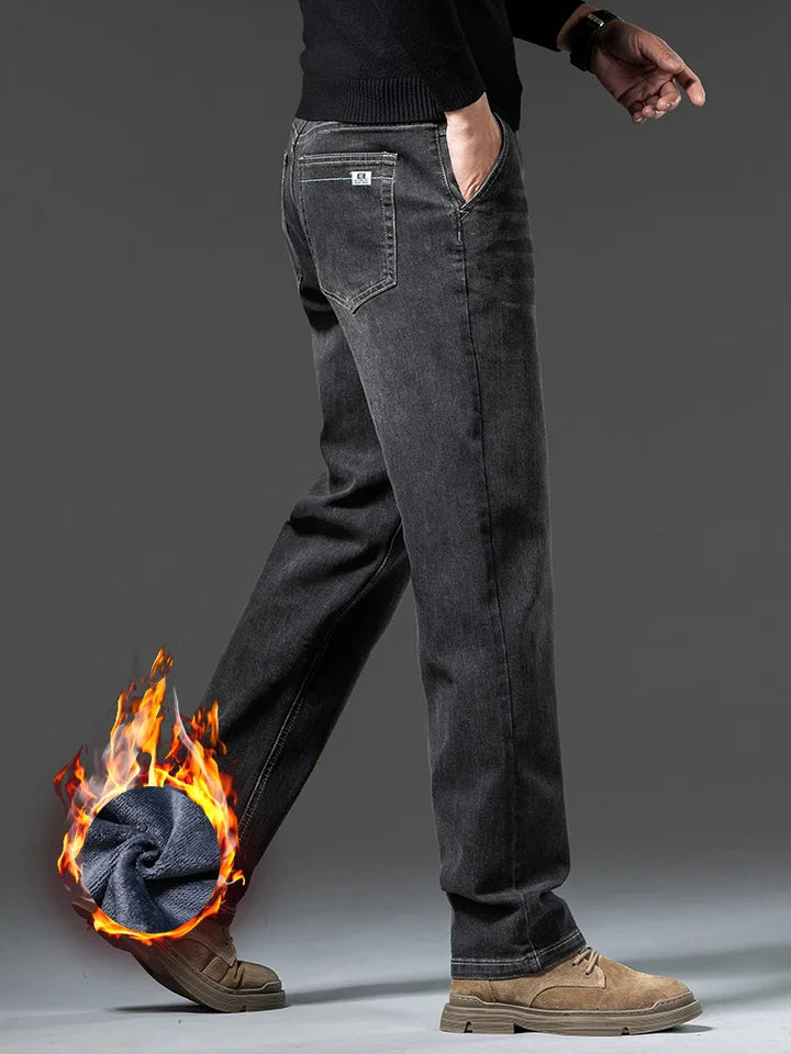 Men's Winter Deep Color Slim Fit Thickened Fleece Lined Warm Loose Style Denim Jeans