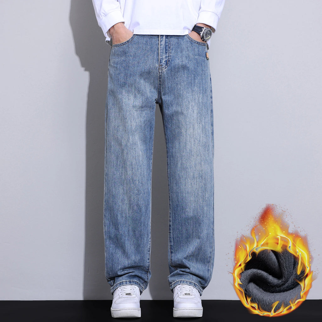 High Quality Winter Fleece Warm Jeans Men Cotton Classic Straight Denim Pants Work Streetwear Casual Trouser Male Brand Clothing