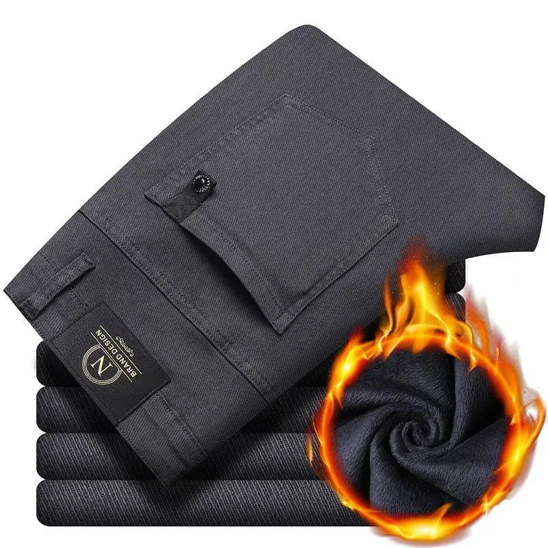 Winter New  Fleece Pants Men's Thick Slim Elastic Business Casual Velvet Pants Warm Fashion Solid Color Plush Trousers Male