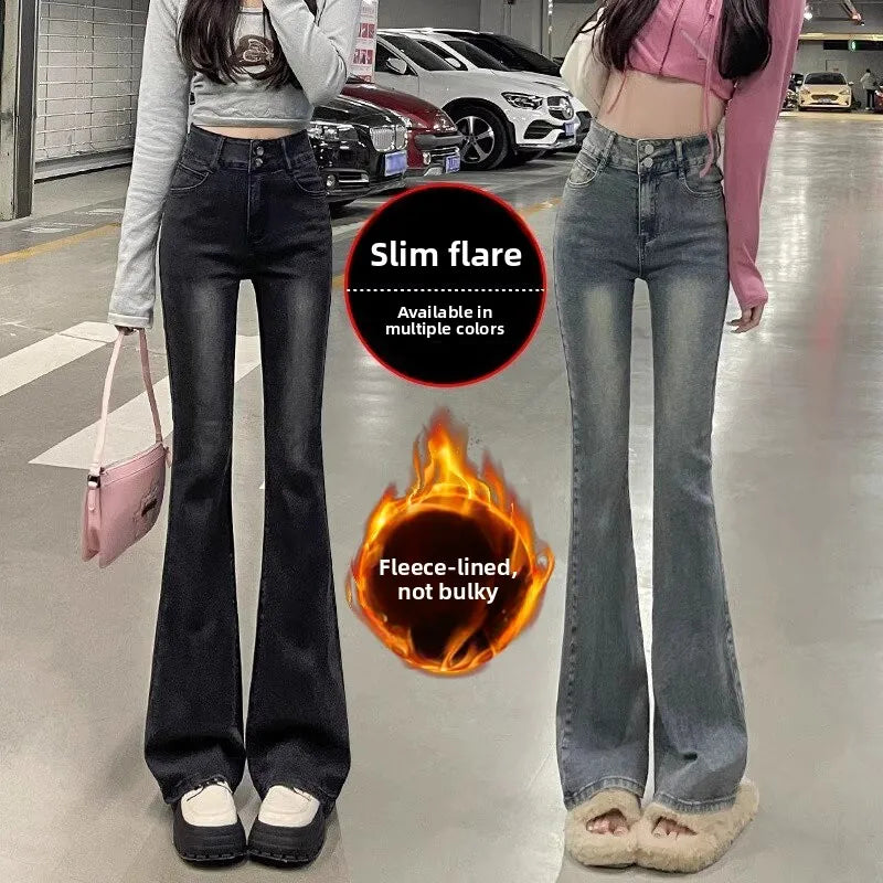 Fce Lined Thi High Waist Slim Fit Bootcut Jeans Women's American Sle Bla ey Denim Pants Autumn Winter Faion