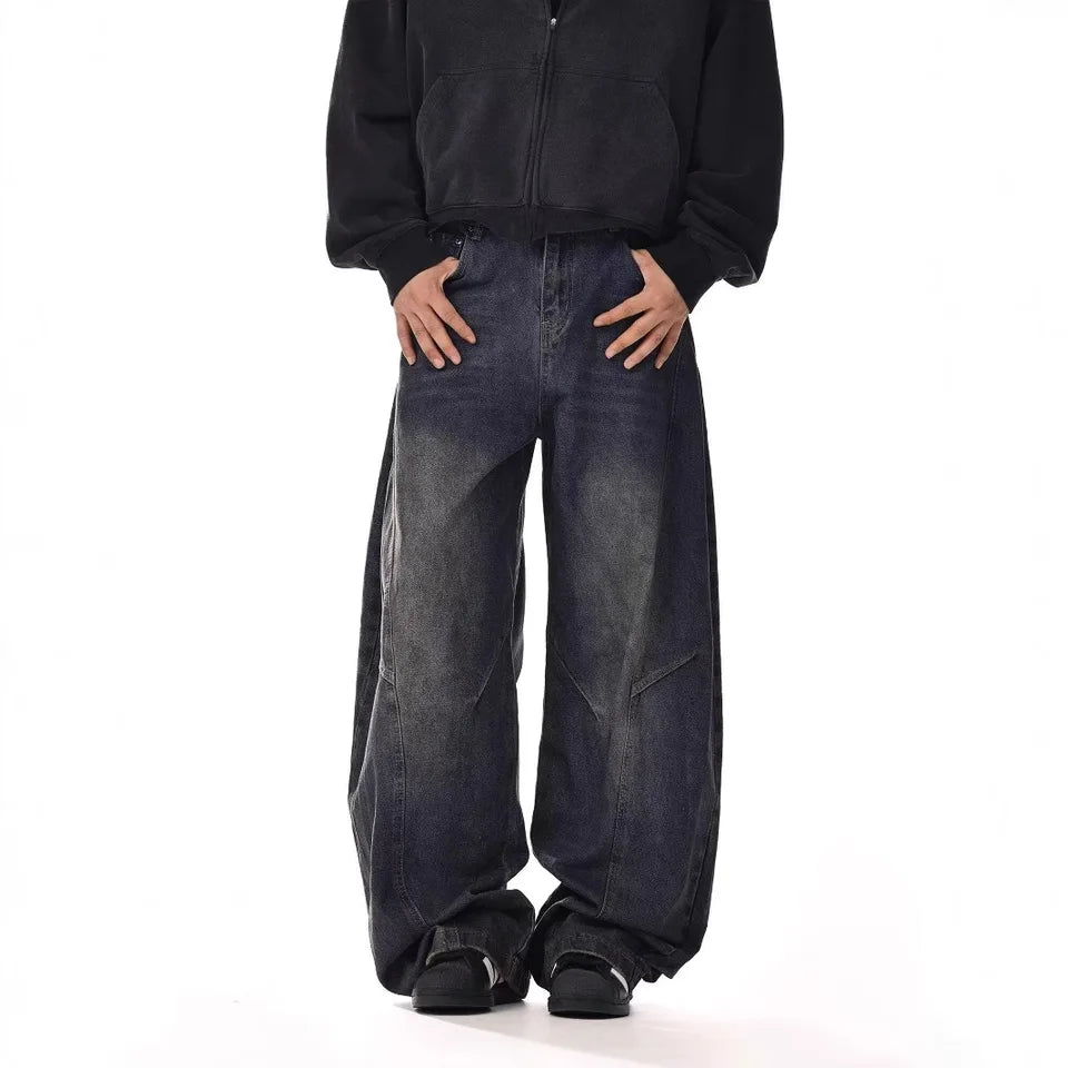 Four Season Fashion 2025 Men's Vintage Casual Trendy Washed Wide Leg Straight Solid Color Jean Trousers Male Denim Pants Clothes