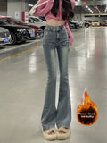Fce Lined Thi High Waist Slim Fit Bootcut Jeans Women's American Sle Bla ey Denim Pants Autumn Winter Faion