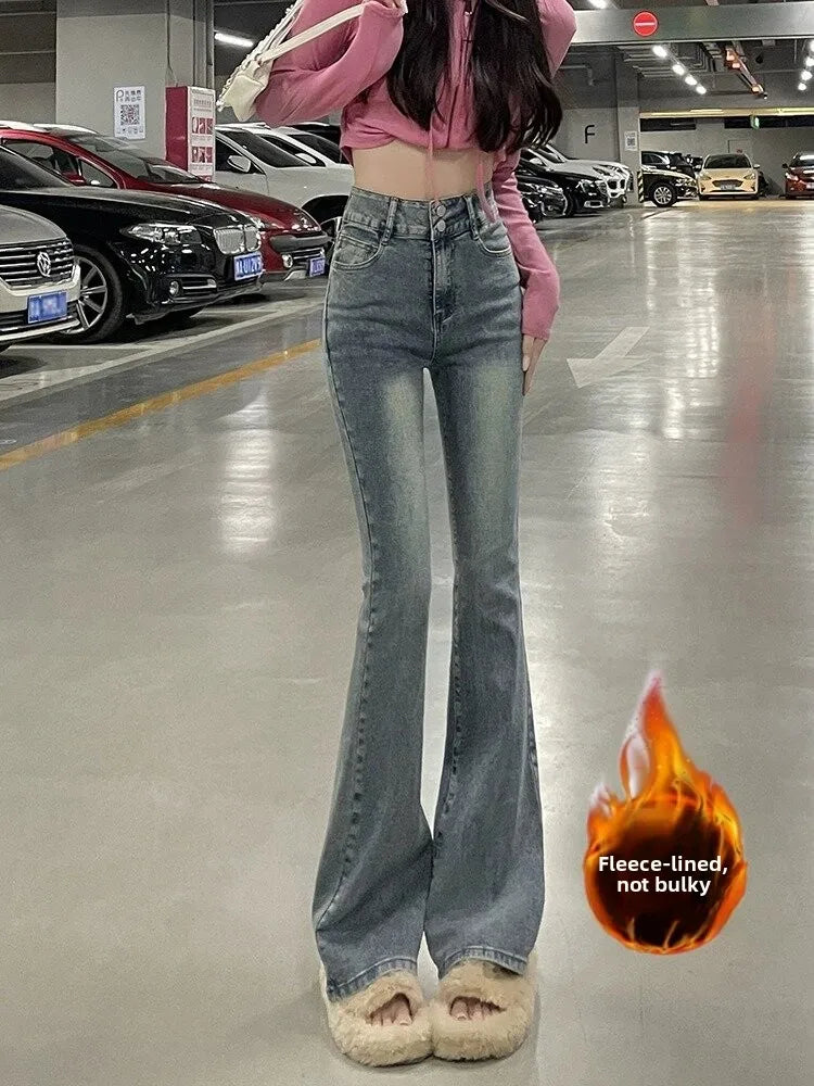 Fce Lined Thi High Waist Slim Fit Bootcut Jeans Women's American Sle Bla ey Denim Pants Autumn Winter Faion