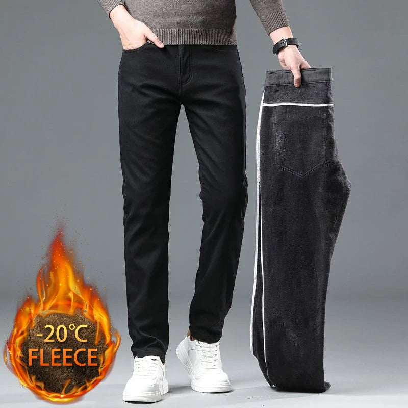 Winter New  Fleece Pants Men's Thick Slim Elastic Business Casual Velvet Pants Warm Fashion Solid Color Plush Trousers Male
