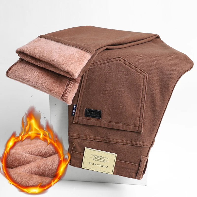 Winter Fleece Thick Warm Jeans Men's Business Casual Slim Fit Elastic Denim Pants Casual Male Clothing Fashion Plush Trousers