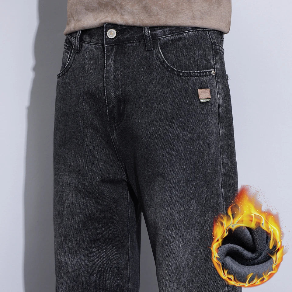 High Quality Winter Fleece Warm Jeans Men Cotton Classic Straight Denim Pants Work Streetwear Casual Trouser Male Brand Clothing