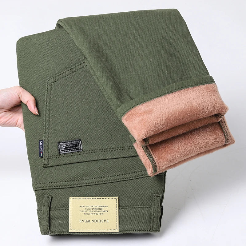 Winter Fleece Thick Warm Jeans Men's Business Casual Slim Fit Elastic Denim Pants Casual Male Clothing Fashion Plush Trousers