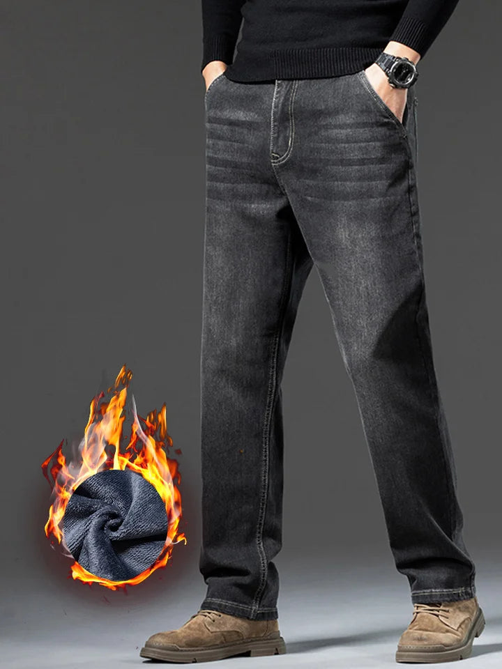 Men's Winter Deep Color Slim Fit Thickened Fleece Lined Warm Loose Style Denim Jeans
