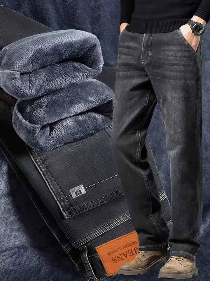Men's Winter Deep Color Slim Fit Thickened Fleece Lined Warm Loose Style Denim Jeans