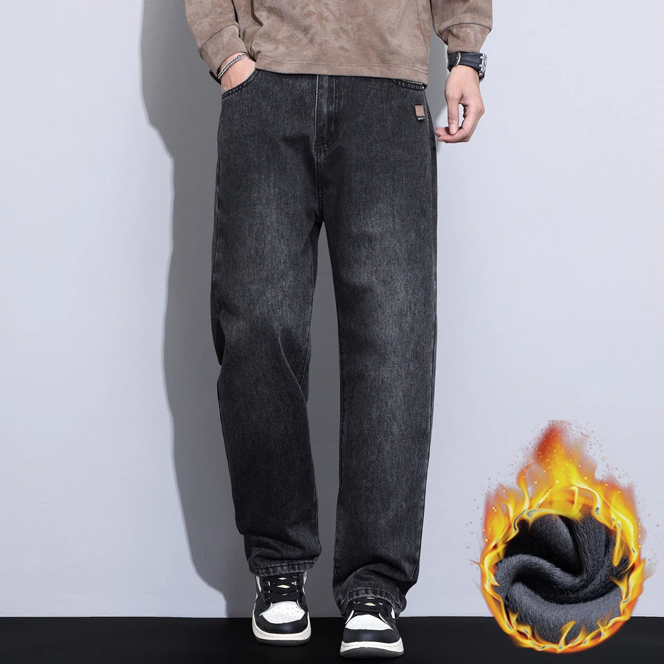 High Quality Winter Fleece Warm Jeans Men Cotton Classic Straight Denim Pants Work Streetwear Casual Trouser Male Brand Clothing