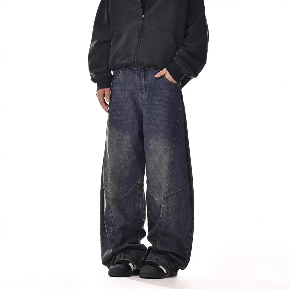 Four Season Fashion 2025 Men's Vintage Casual Trendy Washed Wide Leg Straight Solid Color Jean Trousers Male Denim Pants Clothes