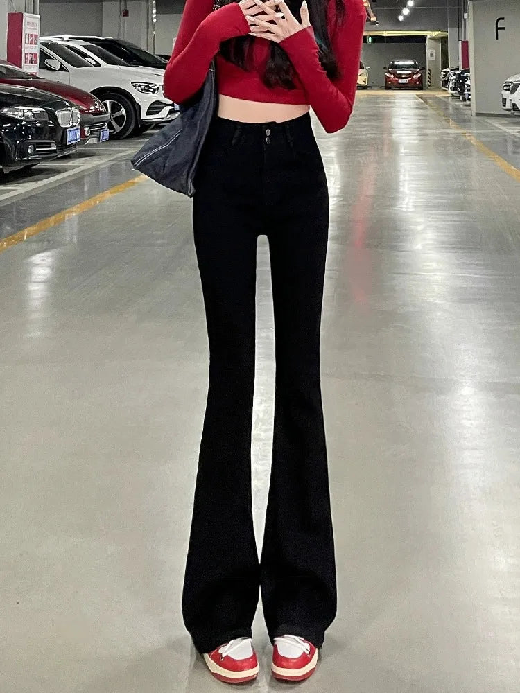 Fce Lined Thi High Waist Slim Fit Bootcut Jeans Women's American Sle Bla ey Denim Pants Autumn Winter Faion