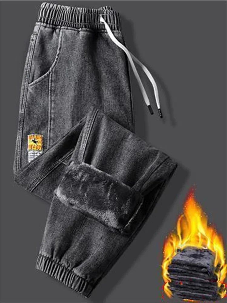 Men's jeans Winter Fleece Jeans Thick Warm Denim Pants Men Streetwear Black Joggers Harem Jean Trousers cargo pants men clothing