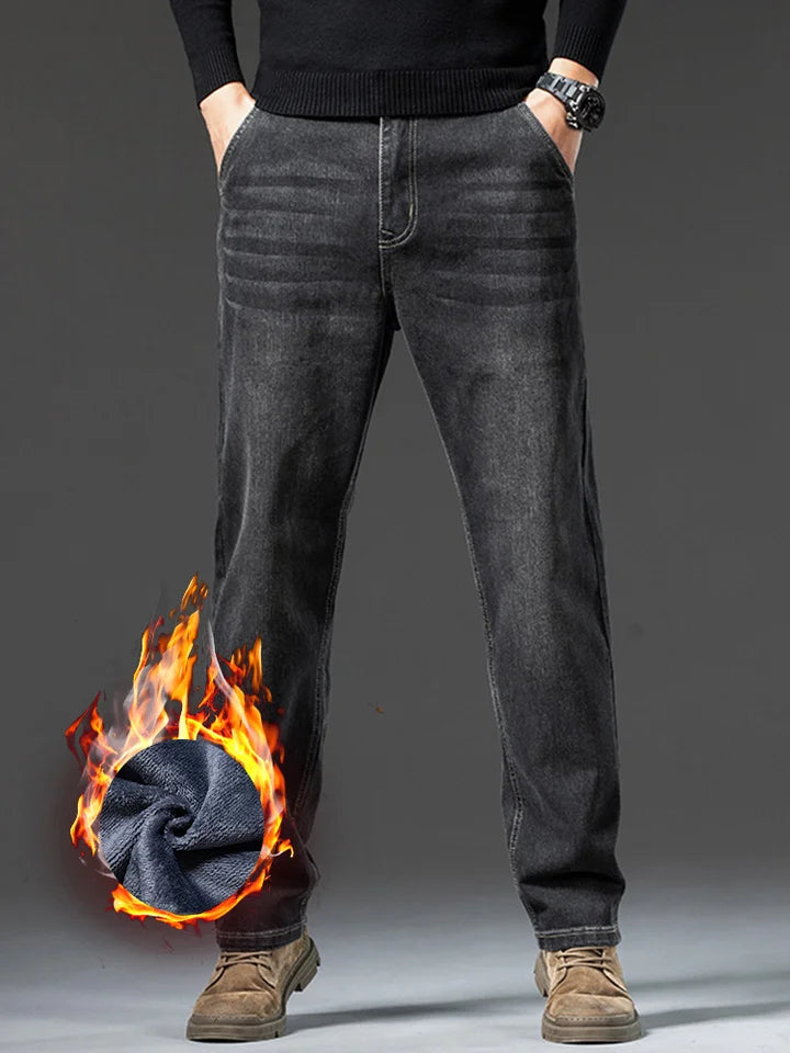 Men's Winter Deep Color Slim Fit Thickened Fleece Lined Warm Loose Style Denim Jeans