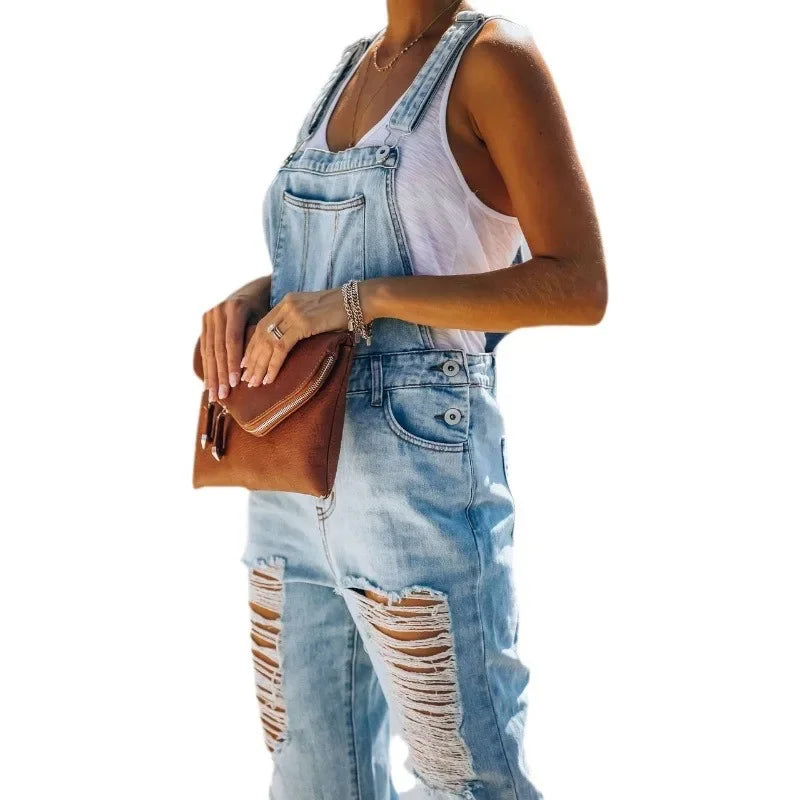 Women Jeans Long Pant Denim Pants One Piece Suspenders Straight Trousers Splice Hole High Waist Casual Overalls Autumn