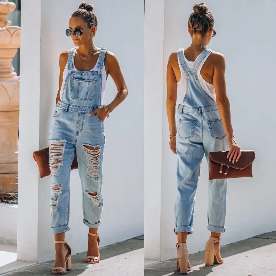 Women Jeans Long Pant Denim Pants One Piece Suspenders Straight Trousers Splice Hole High Waist Casual Overalls Autumn