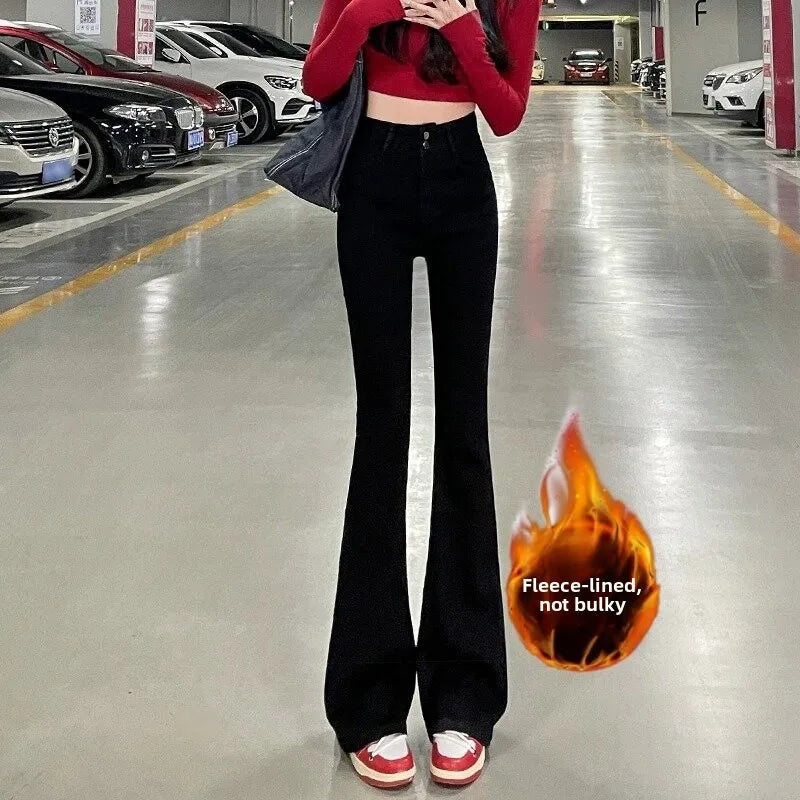 Fce Lined Thi High Waist Slim Fit Bootcut Jeans Women's American Sle Bla ey Denim Pants Autumn Winter Faion