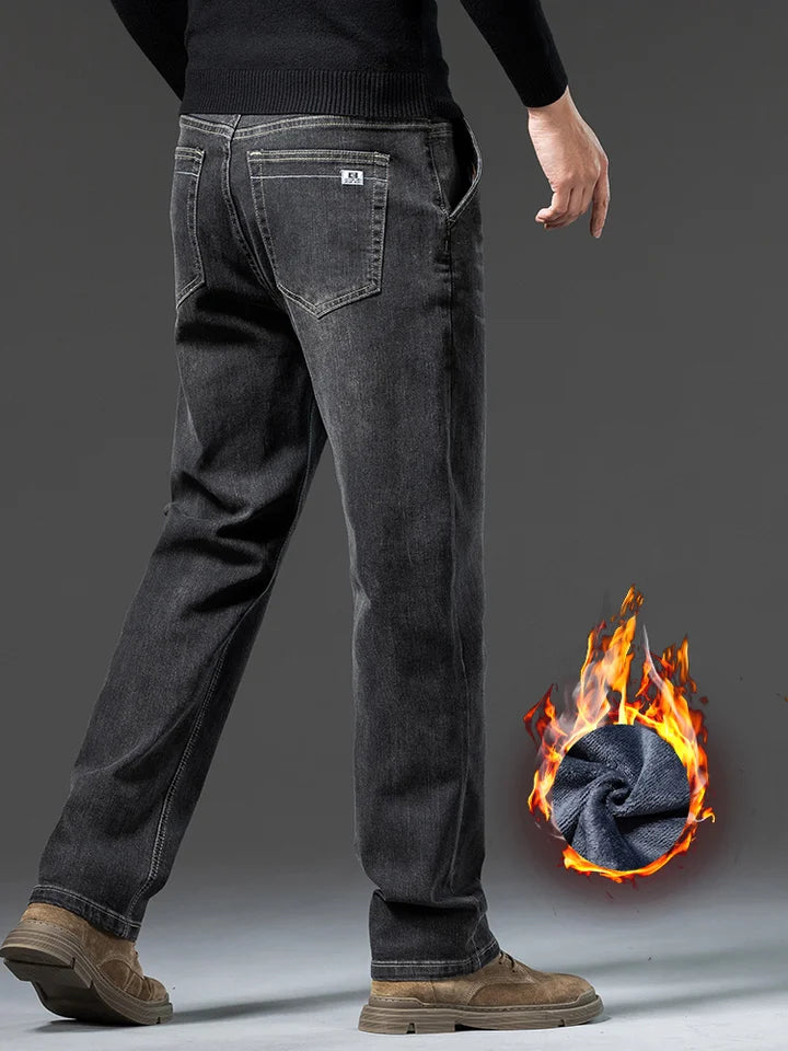 Men's Winter Deep Color Slim Fit Thickened Fleece Lined Warm Loose Style Denim Jeans