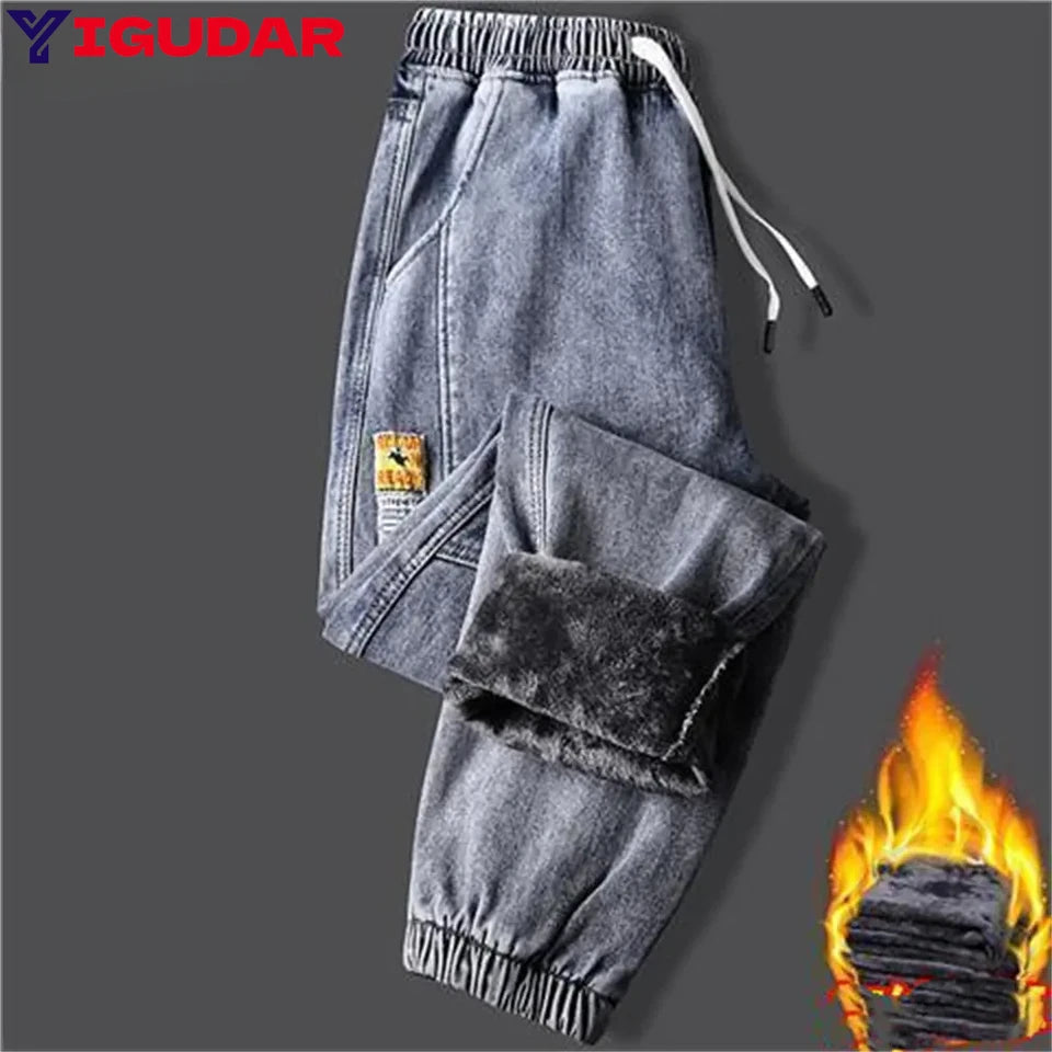 Men's jeans Winter Fleece Jeans Thick Warm Denim Pants Men Streetwear Black Joggers Harem Jean Trousers cargo pants men clothing