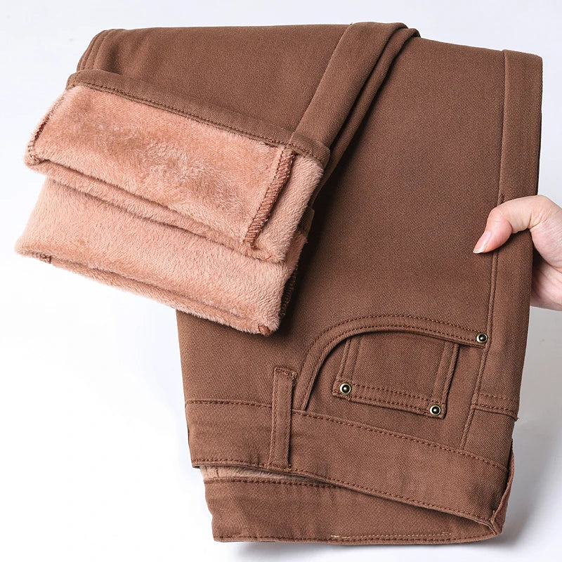 Winter Fleece Thick Warm Jeans Men's Business Casual Slim Fit Elastic Denim Pants Casual Male Clothing Fashion Plush Trousers