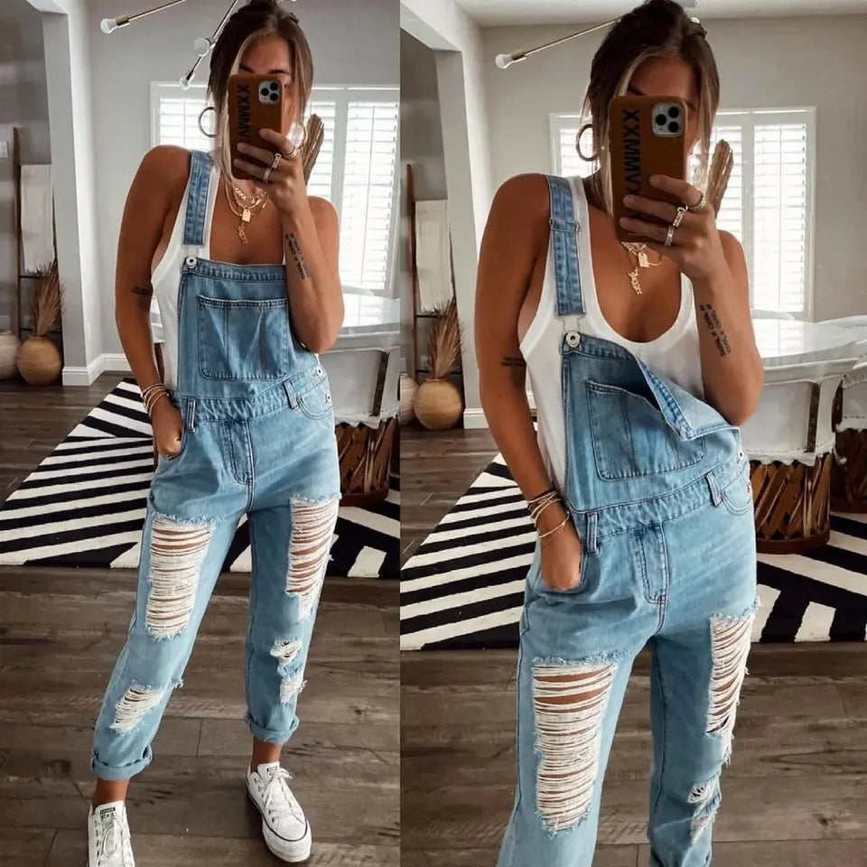 Women Jeans Long Pant Denim Pants One Piece Suspenders Straight Trousers Splice Hole High Waist Casual Overalls Autumn