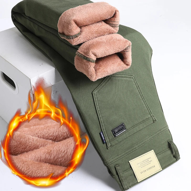 Winter Fleece Thick Warm Jeans Men's Business Casual Slim Fit Elastic Denim Pants Casual Male Clothing Fashion Plush Trousers
