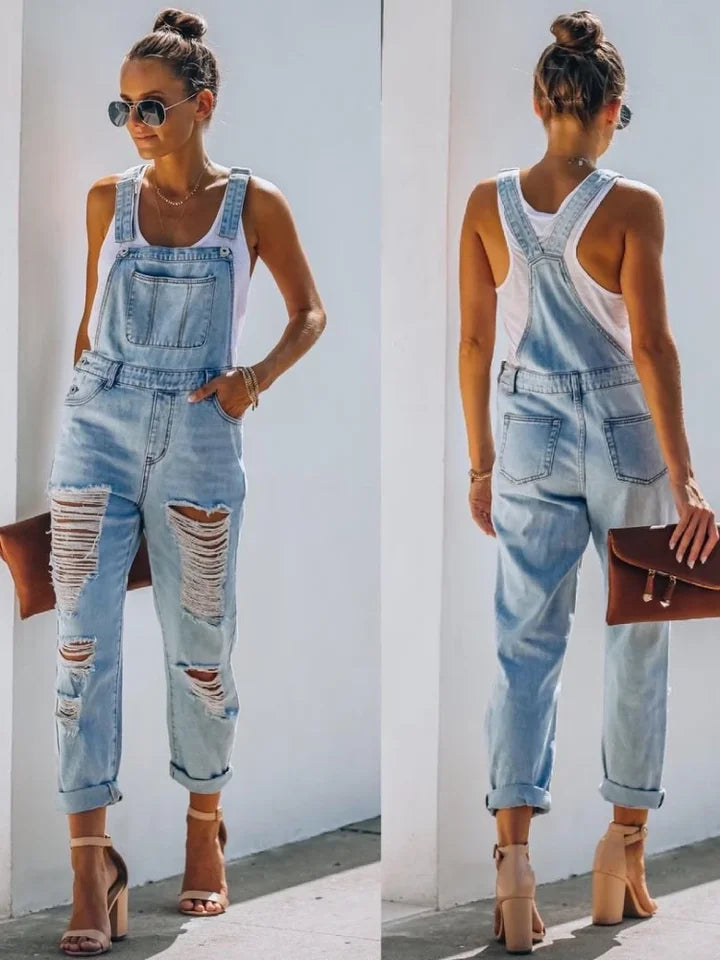 Women Jeans Long Pant Denim Pants One Piece Suspenders Straight Trousers Splice Hole High Waist Casual Overalls Autumn