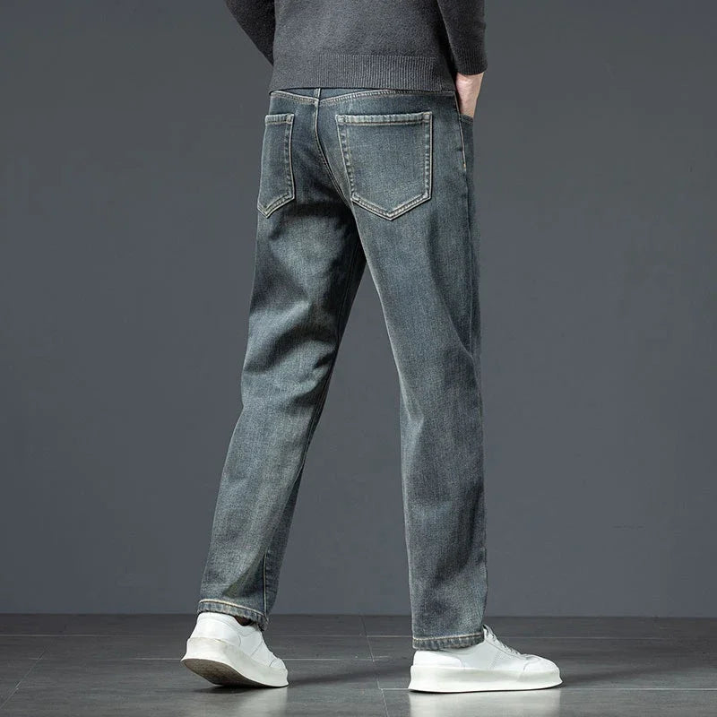 2025 Winter New Men's Jeans Fleece Warm Straight Plush Pants Thicken Thermal Stretch Retro Washed Denim Pants Brand Clothes