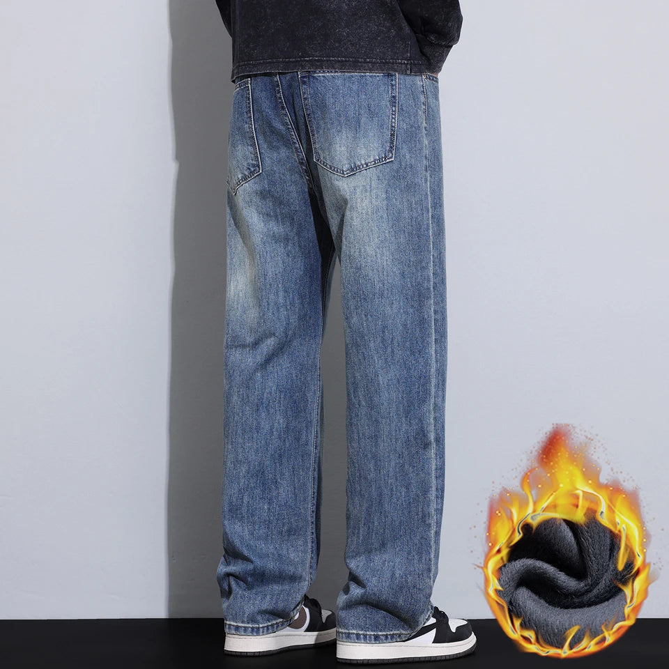 High Quality Winter Fleece Warm Jeans Men Cotton Classic Straight Denim Pants Work Streetwear Casual Trouser Male Brand Clothing