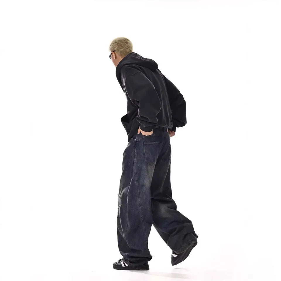 Four Season Fashion 2025 Men's Vintage Casual Trendy Washed Wide Leg Straight Solid Color Jean Trousers Male Denim Pants Clothes