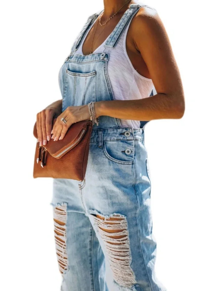 Women Jeans Long Pant Denim Pants One Piece Suspenders Straight Trousers Splice Hole High Waist Casual Overalls Autumn