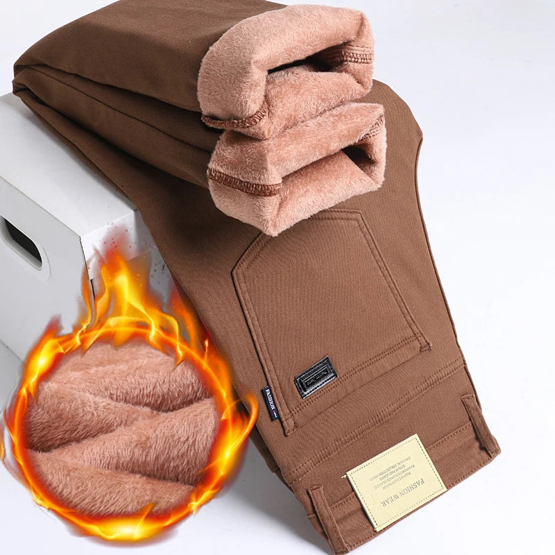 Winter Fleece Thick Warm Jeans Men's Business Casual Slim Fit Elastic Denim Pants Casual Male Clothing Fashion Plush Trousers
