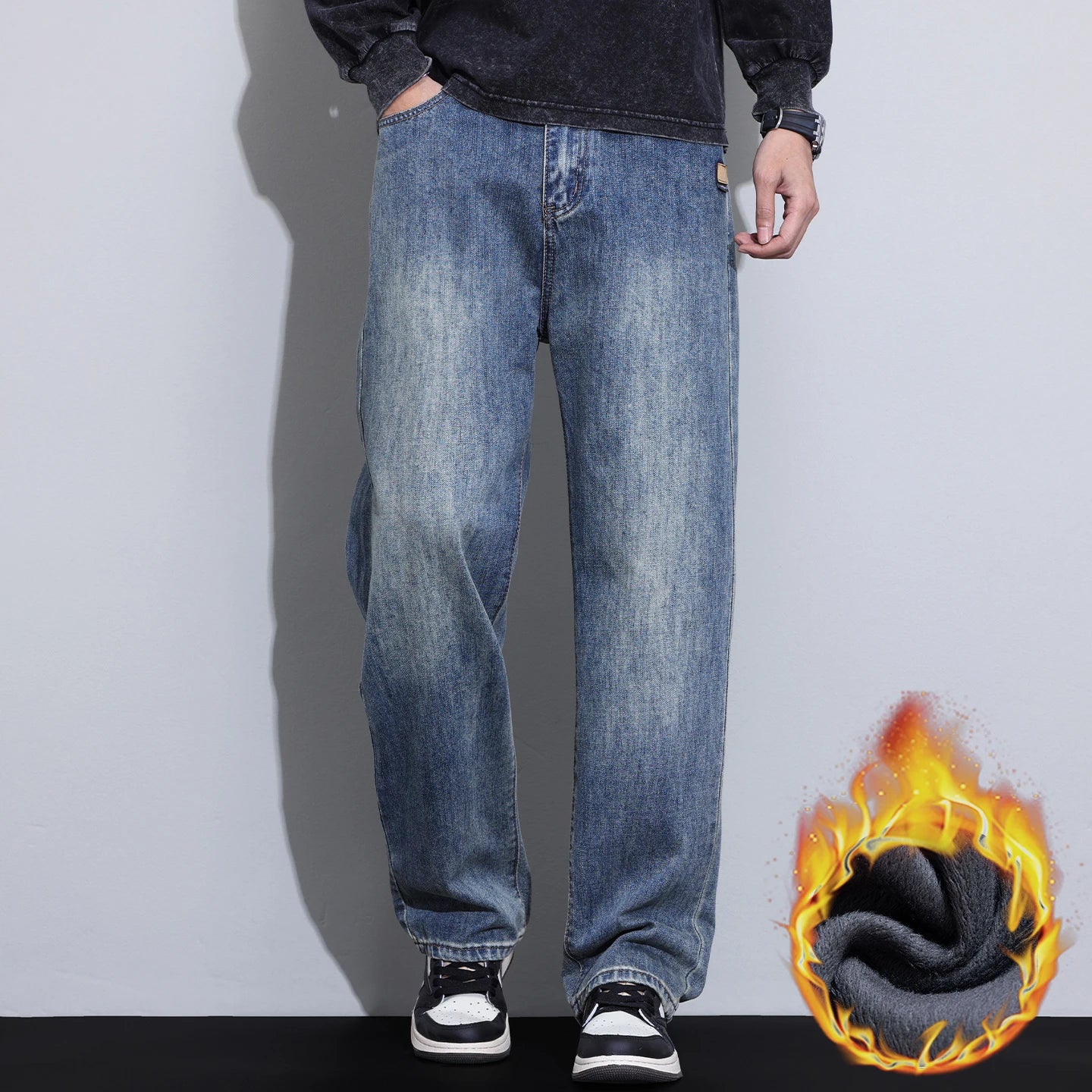 High Quality Winter Fleece Warm Jeans Men Cotton Classic Straight Denim Pants Work Streetwear Casual Trouser Male Brand Clothing