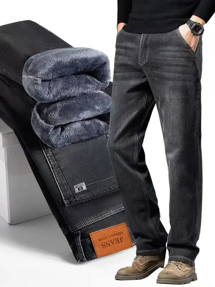 Men's Winter Deep Color Slim Fit Thickened Fleece Lined Warm Loose Style Denim Jeans