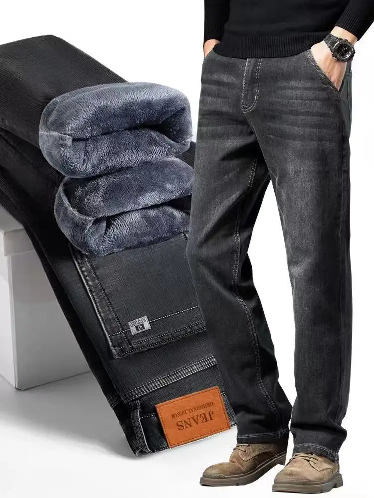 Men's Winter Deep Color Slim Fit Thickened Fleece Lined Warm Loose Style Denim Jeans