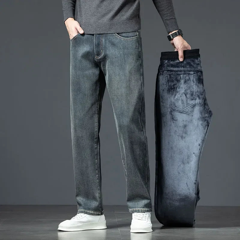 2025 Winter New Men's Jeans Fleece Warm Straight Plush Pants Thicken Thermal Stretch Retro Washed Denim Pants Brand Clothes