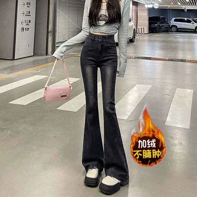 Fce Lined Thi High Waist Slim Fit Bootcut Jeans Women's American Sle Bla ey Denim Pants Autumn Winter Faion