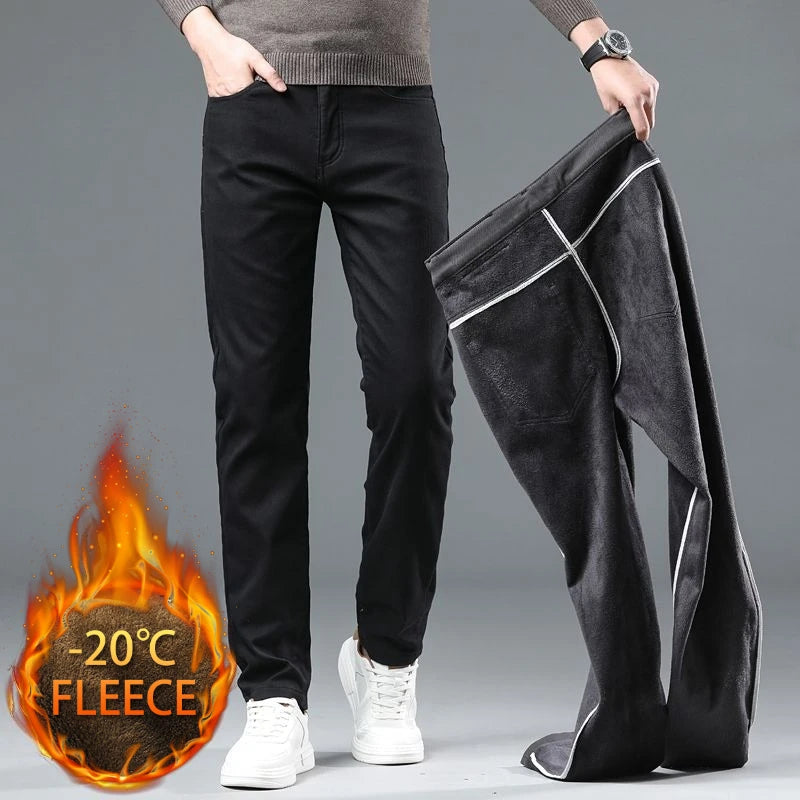 Winter New  Fleece Pants Men's Thick Slim Elastic Business Casual Velvet Pants Warm Fashion Solid Color Plush Trousers Male
