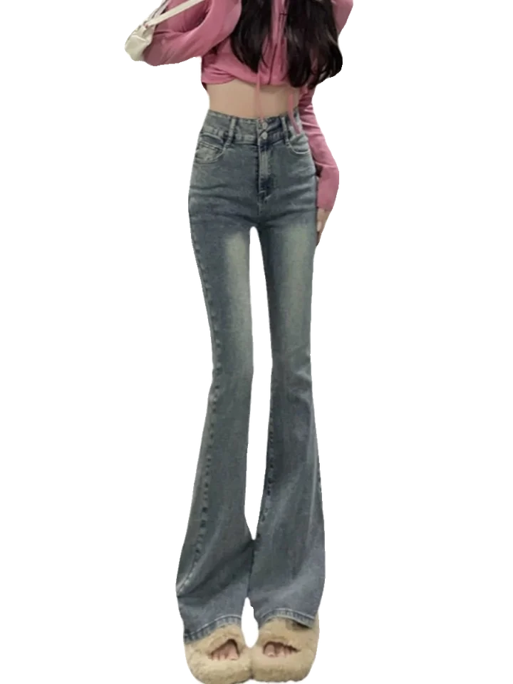 Fce Lined Thi High Waist Slim Fit Bootcut Jeans Women's American Sle Bla ey Denim Pants Autumn Winter Faion