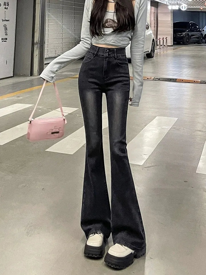 Fce Lined Thi High Waist Slim Fit Bootcut Jeans Women's American Sle Bla ey Denim Pants Autumn Winter Faion