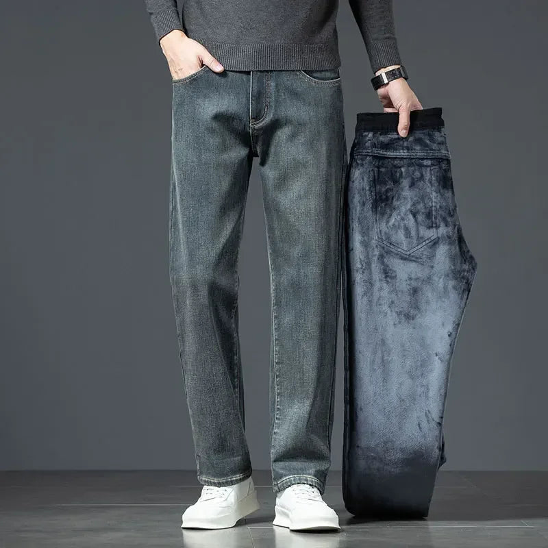 2025 Winter New Men's Jeans Fleece Warm Straight Plush Pants Thicken Thermal Stretch Retro Washed Denim Pants Brand Clothes
