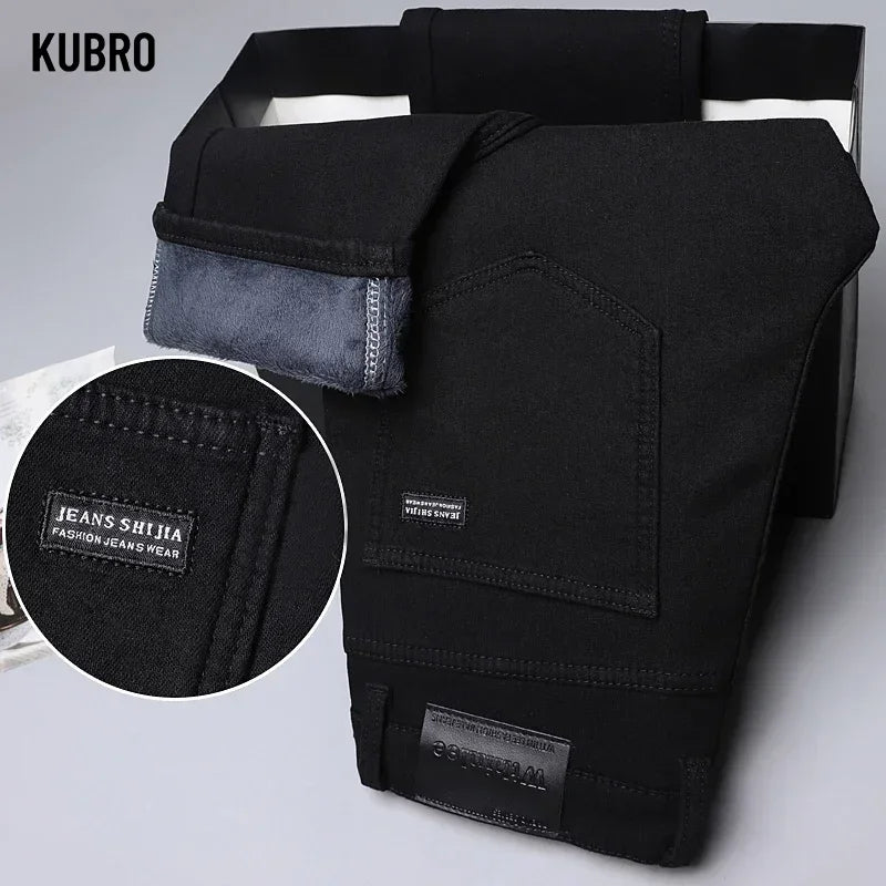 Good Quality Brand Brushed Jeans Men Winter Jeans Men Slim Fit Stretch Thick Velvet Pants Warm Jean Casual Fleece Trousers Male