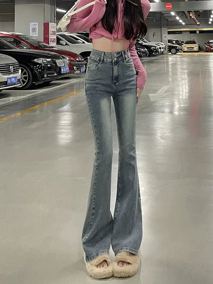 Fce Lined Thi High Waist Slim Fit Bootcut Jeans Women's American Sle Bla ey Denim Pants Autumn Winter Faion