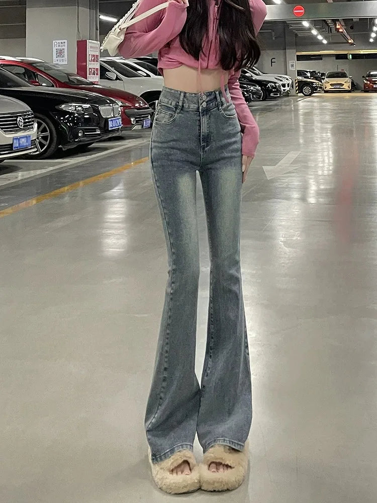 Fce Lined Thi High Waist Slim Fit Bootcut Jeans Women's American Sle Bla ey Denim Pants Autumn Winter Faion