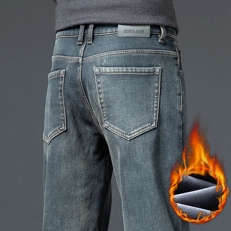 2025 Winter New Men's Jeans Fleece Warm Straight Plush Pants Thicken Thermal Stretch Retro Washed Denim Pants Brand Clothes