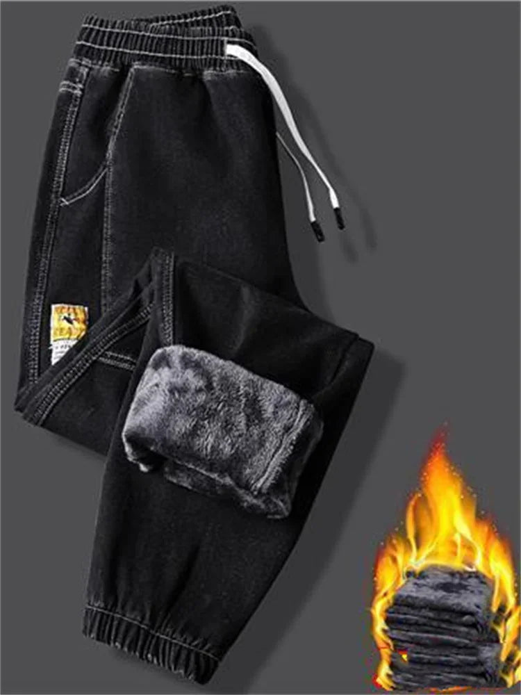 Men's jeans Winter Fleece Jeans Thick Warm Denim Pants Men Streetwear Black Joggers Harem Jean Trousers cargo pants men clothing