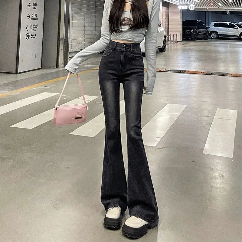 Fce Lined Thi High Waist Slim Fit Bootcut Jeans Women's American Sle Bla ey Denim Pants Autumn Winter Faion