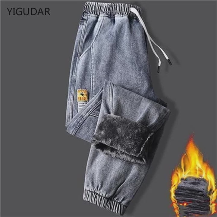 Men's jeans Winter Fleece Jeans Thick Warm Denim Pants Men Streetwear Black Joggers Harem Jean Trousers cargo pants men clothing